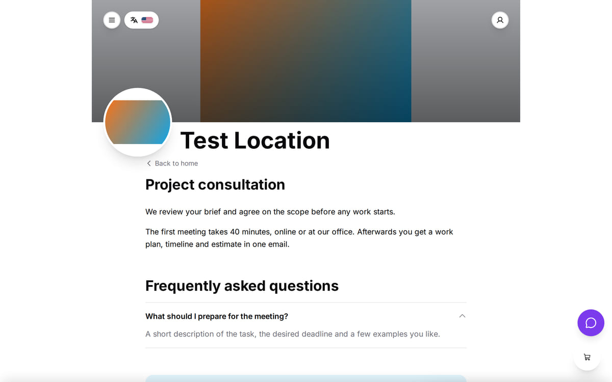 The same service page in a desktop browser: title, text about the first meeting and a frequently asked questions block