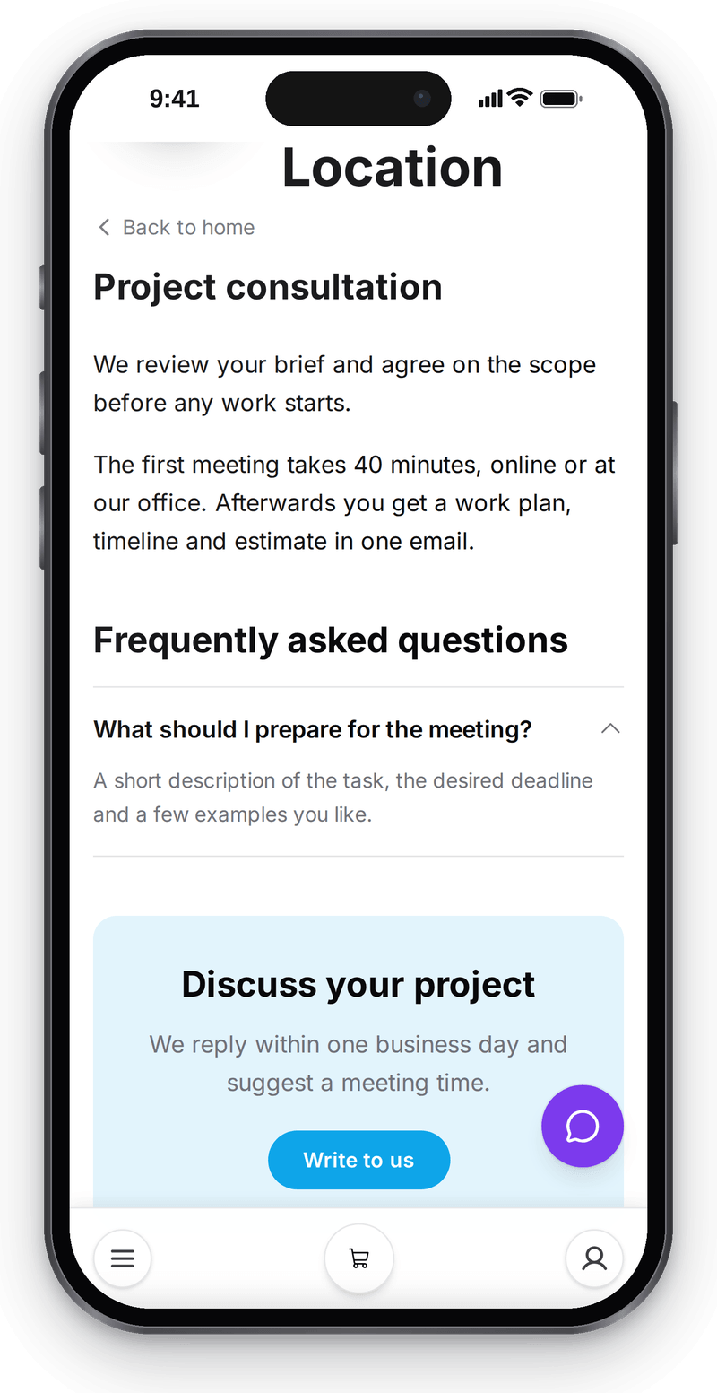 A Project consultation service page on the company site on a phone: description, a frequent question and a contact button