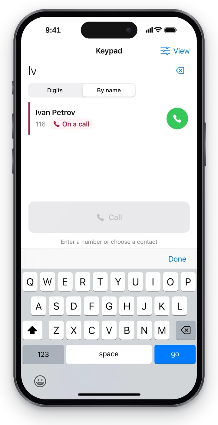 Dialing “By name”: “Iv” typed, the suggestion “Ivan Petrov, 116” with a status and a green handset