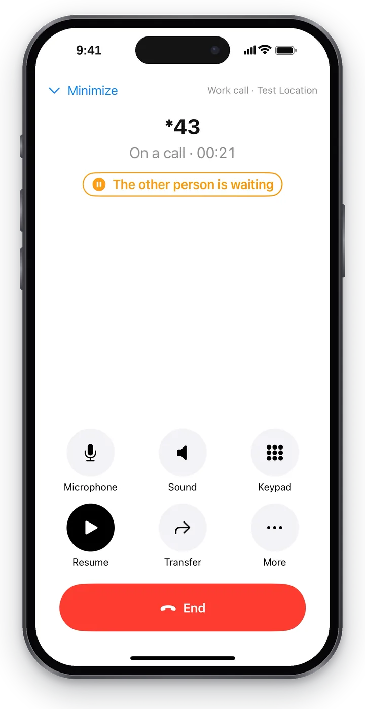 The call screen on hold: the “The other person is waiting” frame, the “Resume” button