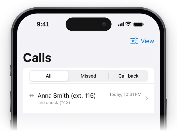 The Calls tab: the “All / Missed / Call back” filter, a call row with the direction, outcome and time