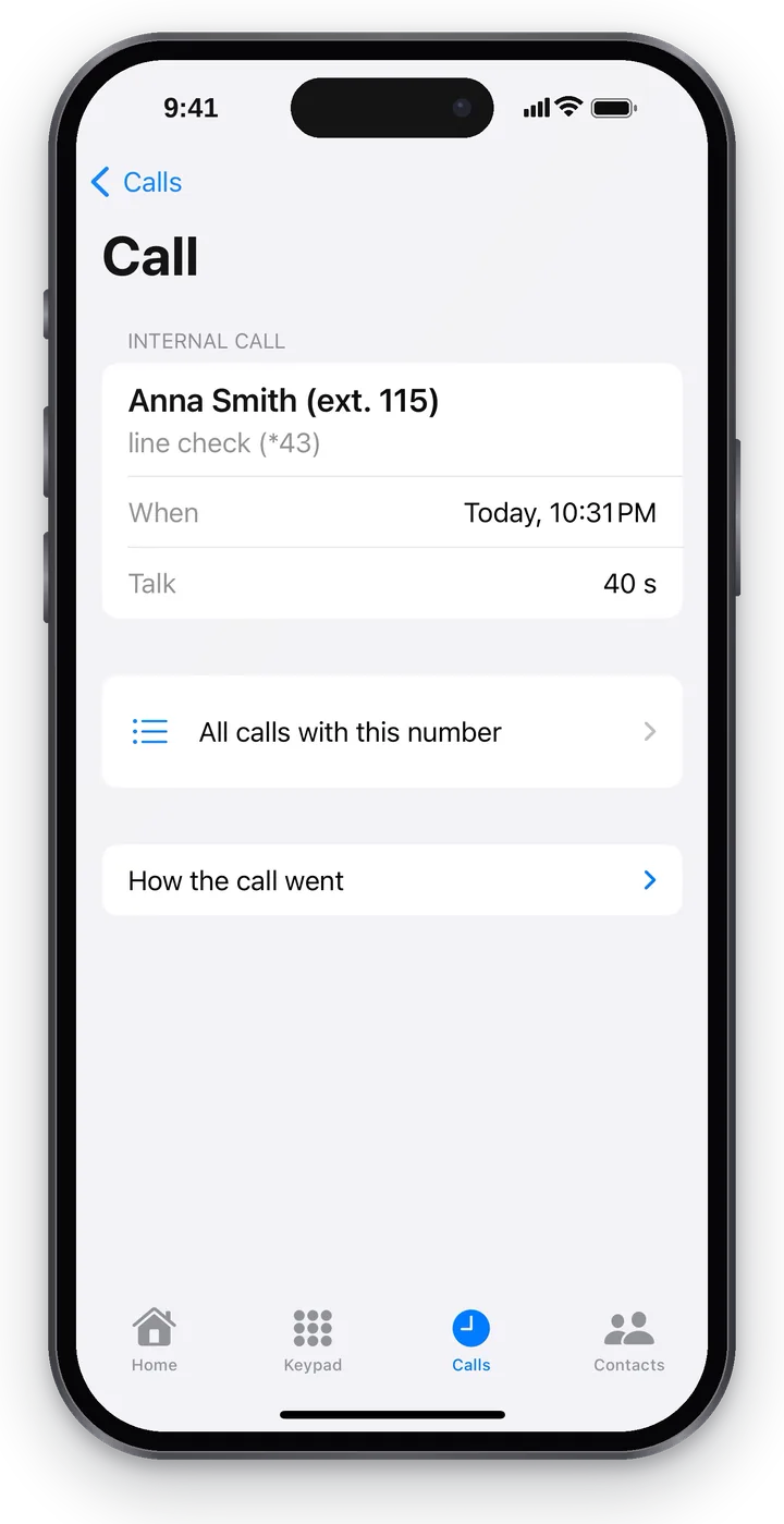 Call details: “Internal call”, the name and outcome, “When”, “Talk”, “All calls with this number”, “How the call went”