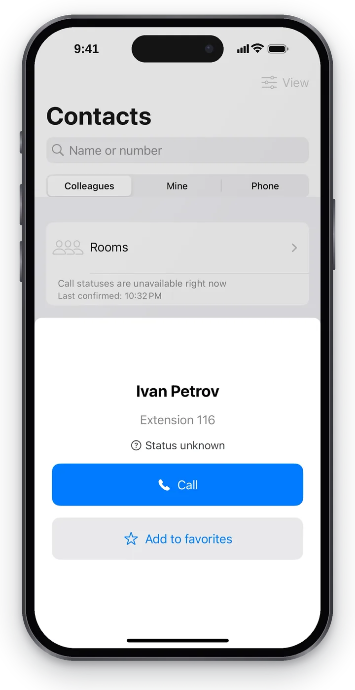 A colleague's card: “Ivan Petrov”, “Extension 116”, the status, the “Call” and “Add to favorites” buttons