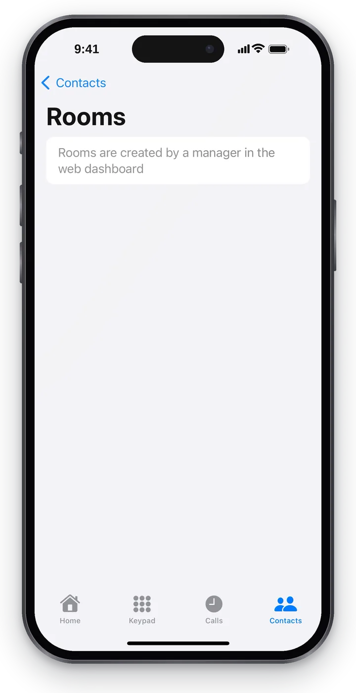 The “Rooms” screen: search and the hint “Rooms are created by a manager in the web dashboard”