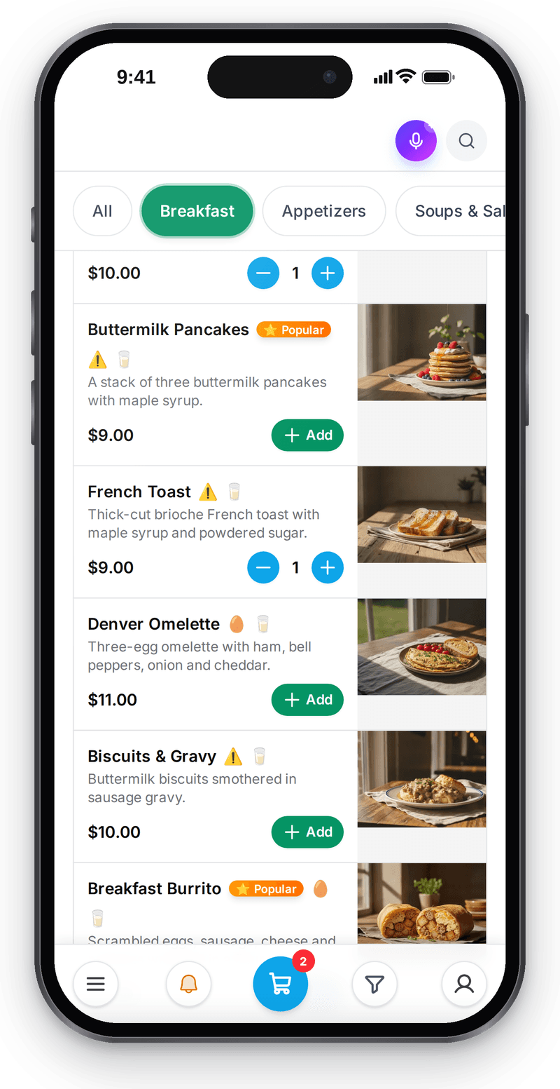 QR menu on a guest's phone: categories, dishes with photos and prices, two items in the cart