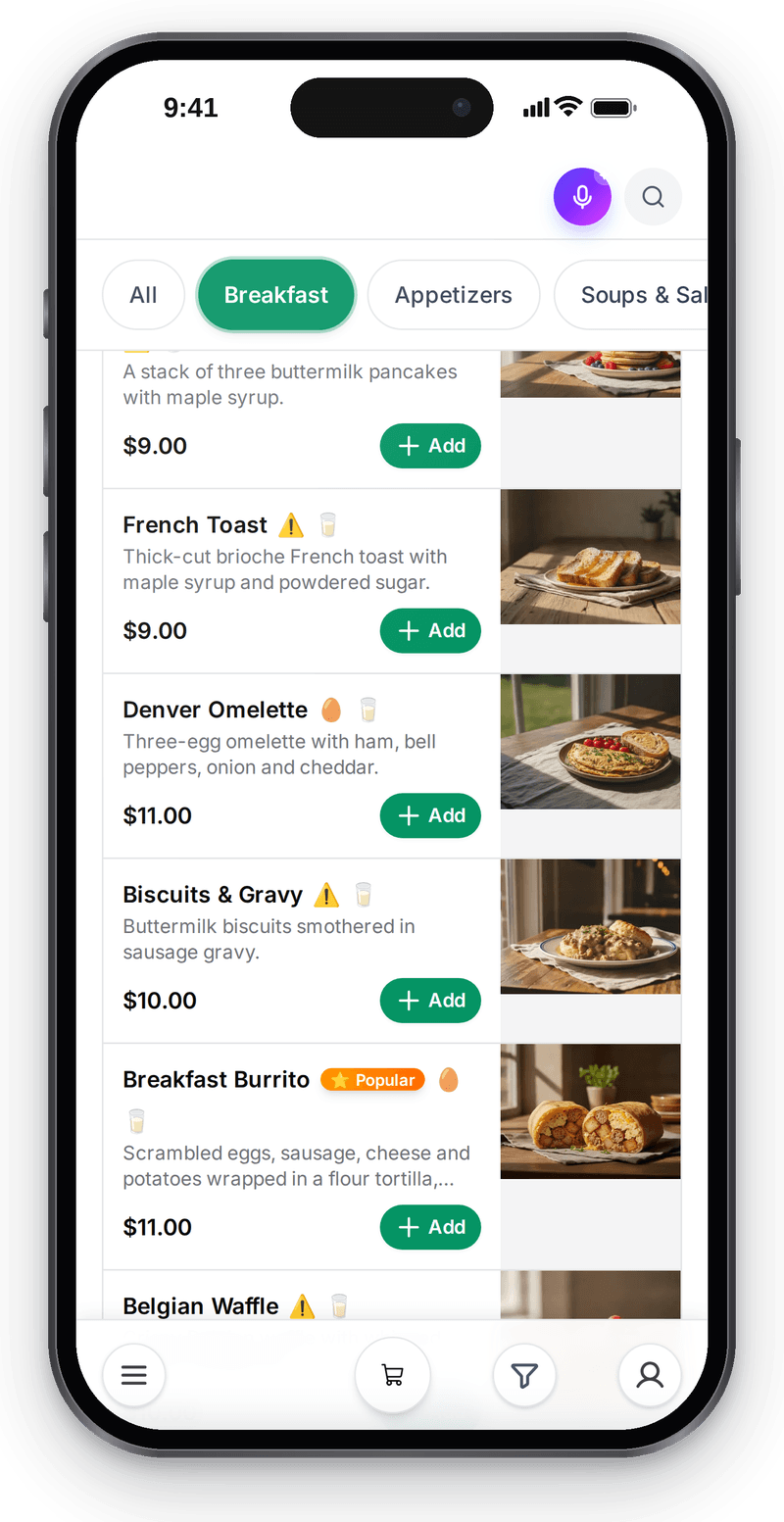 The venue storefront on a guest's phone: menu by category with photos and prices, where the order is placed