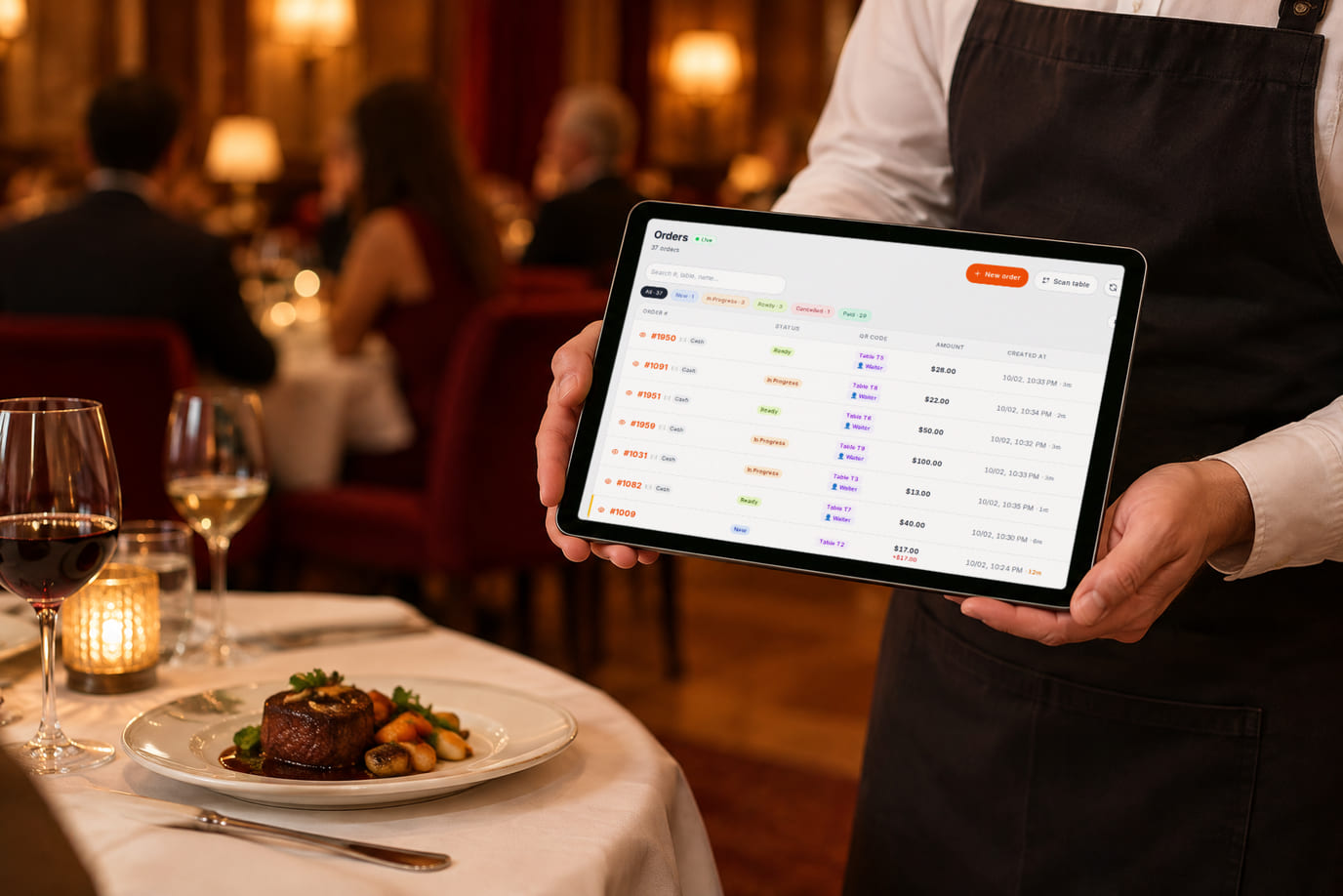 A waiter at a table in the restaurant dining room holds a tablet with the orders feed by table