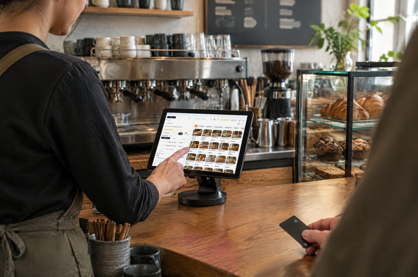 A barista at a coffee shop counter rings up an order on a tablet running Cenaly POS while the guest holds a bank card