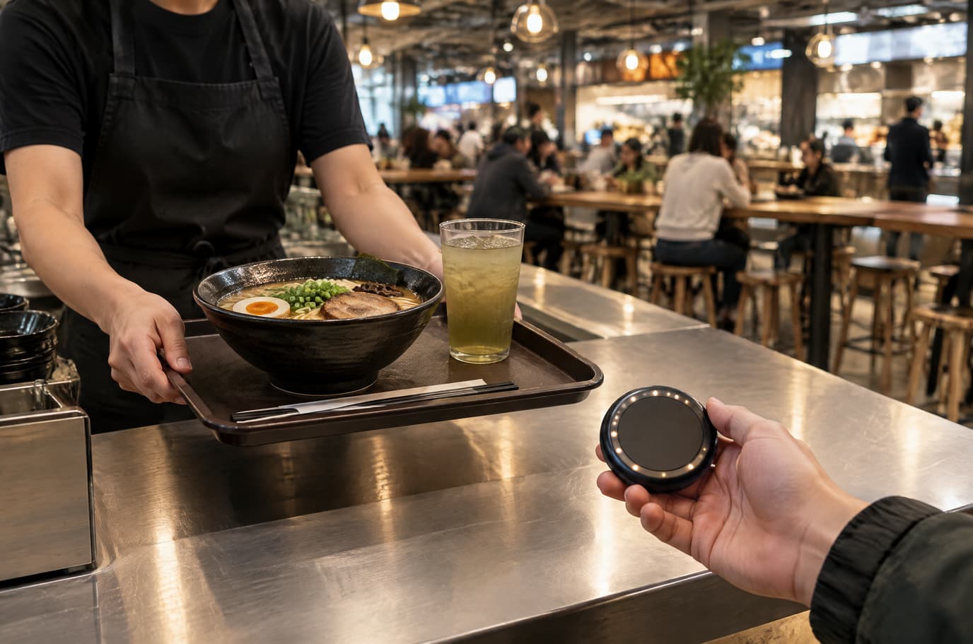 A guest with a pager picks up a tray of ramen and a drink at a food-hall counter