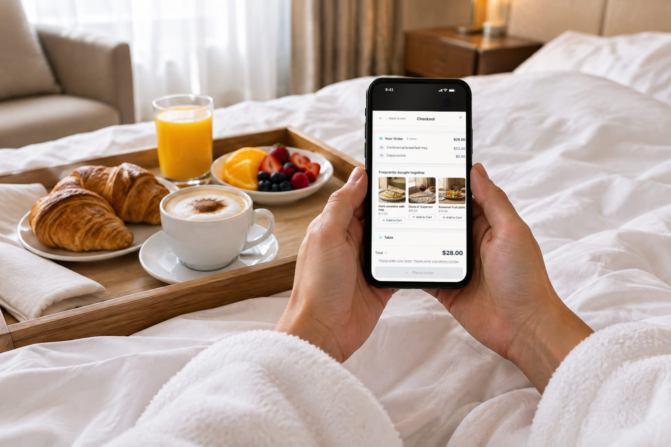 Hotel guest with a breakfast tray in the room placing an in-room order on the phone