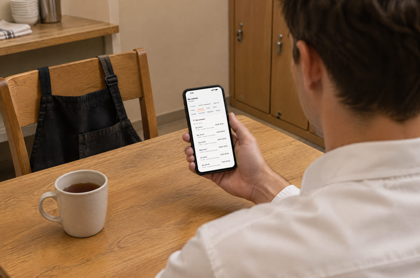 Waiter in the staff room checking his shift schedule on the phone over a cup of tea