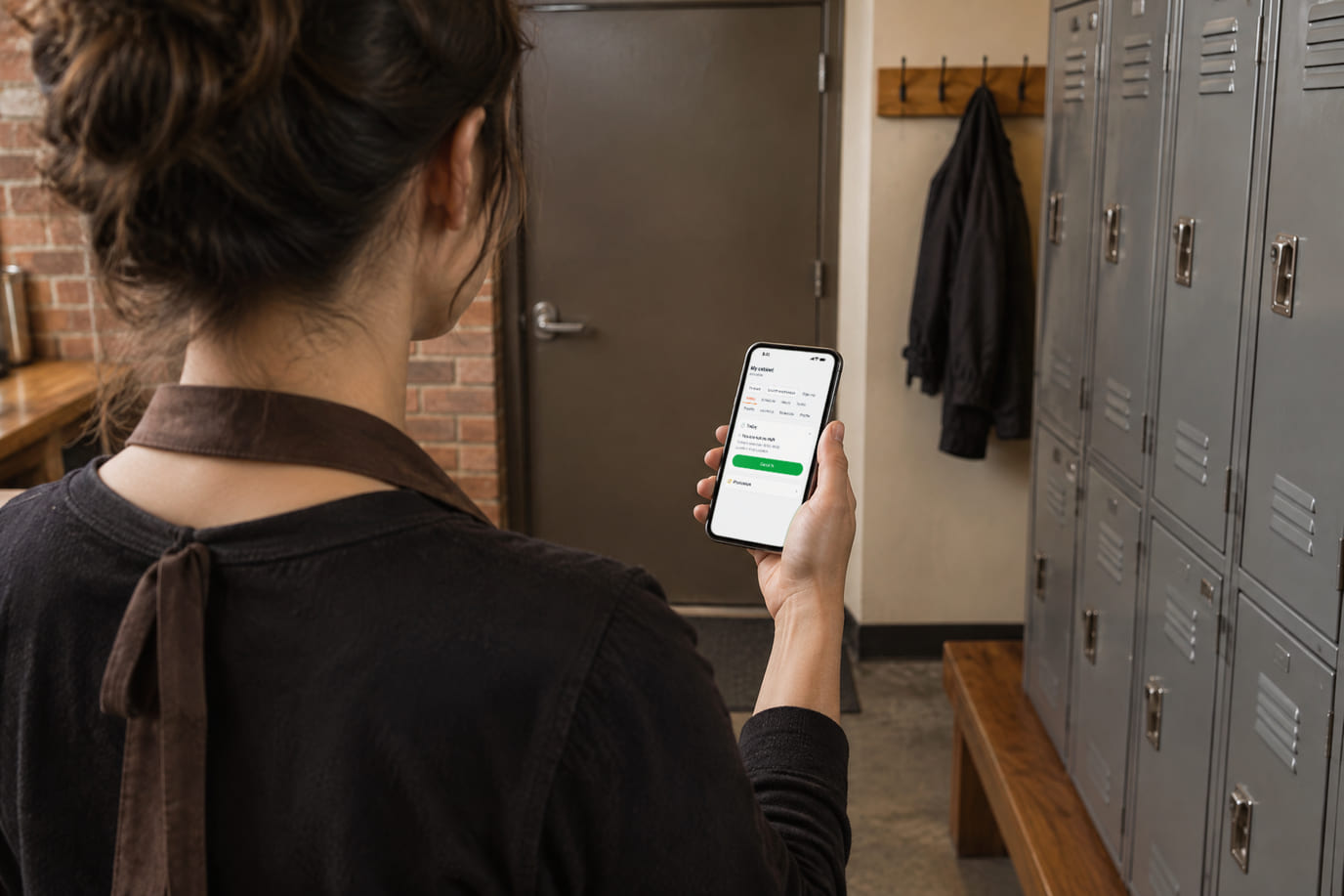 Café employee at the staff entrance by the lockers clocking in for the shift on her phone