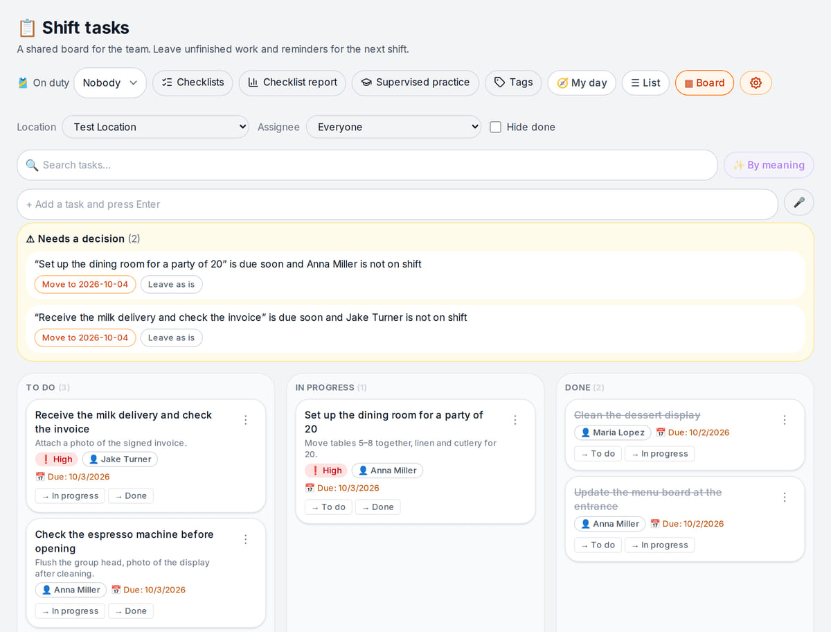 Shift task board in the dashboard: To do, In progress and Done columns with assignees and due dates