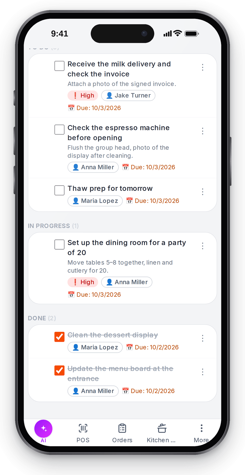 Shift task list on an employee's phone: open, in progress and done with assignees