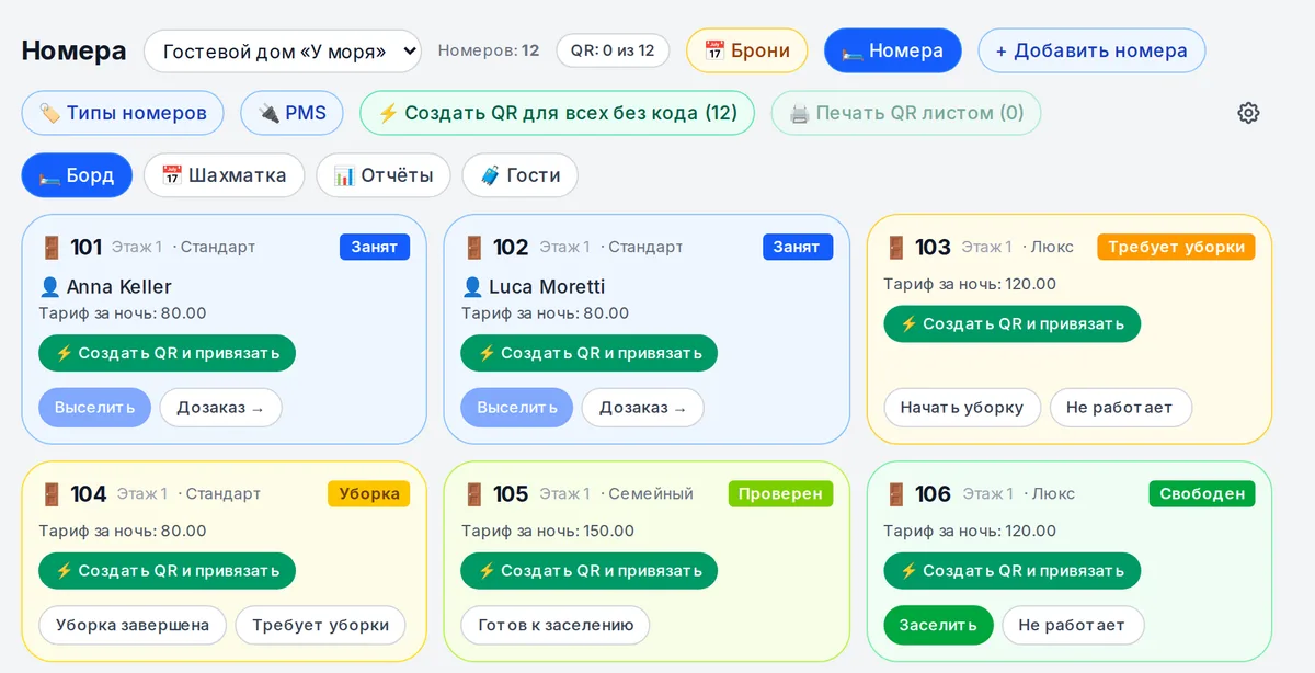 Доска номеров отеля: занятость, уборка и QR-коды номеров
