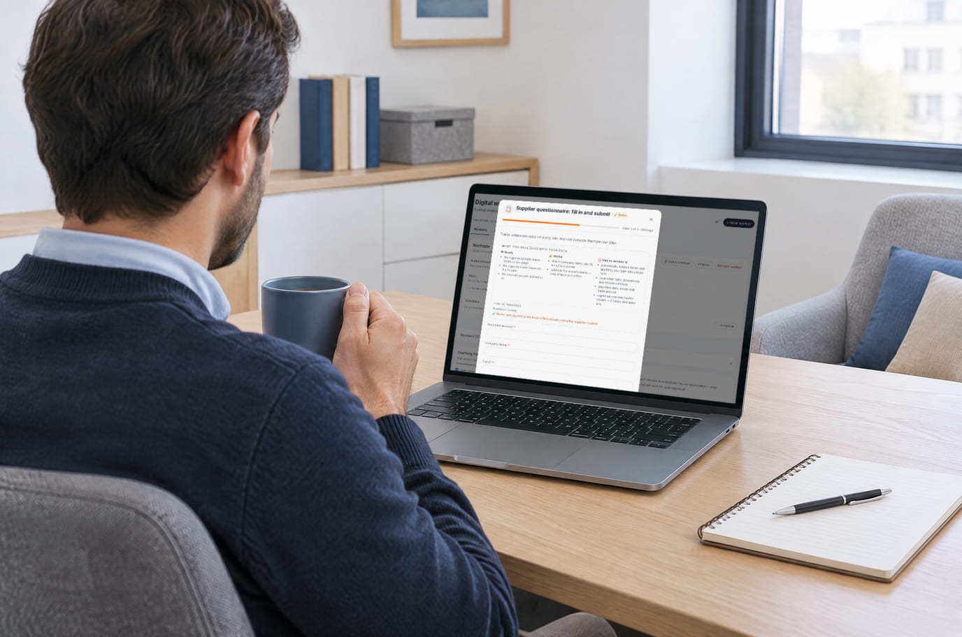 A manager with a coffee mug reviews a digital worker skill’s permissions on a laptop before installing it