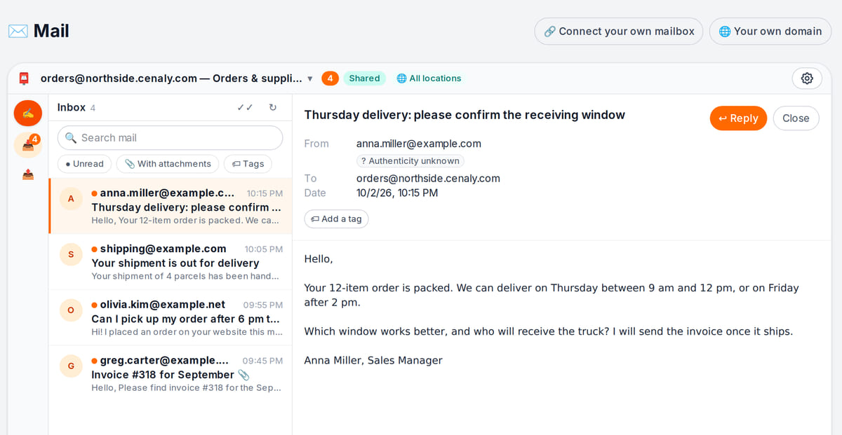 Mail in the dashboard: a shared purchasing mailbox with letters from a supplier, a customer and a courier service, an open delivery-date letter and the Reply button