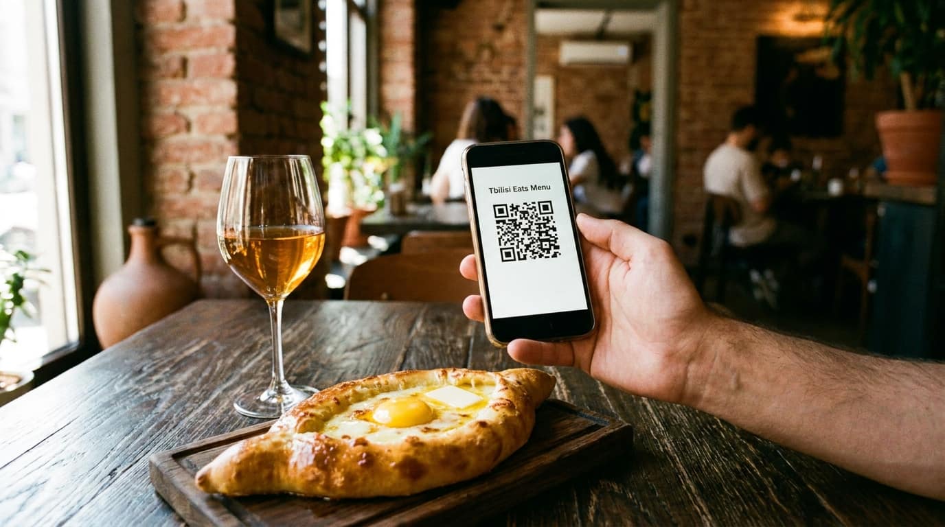 Гость сканирует QR-меню в ресторане Тбилиси