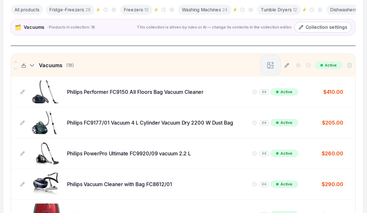 Product catalog in the Cenaly back office: the vacuum category as a list with photos, names, prices and availability toggles