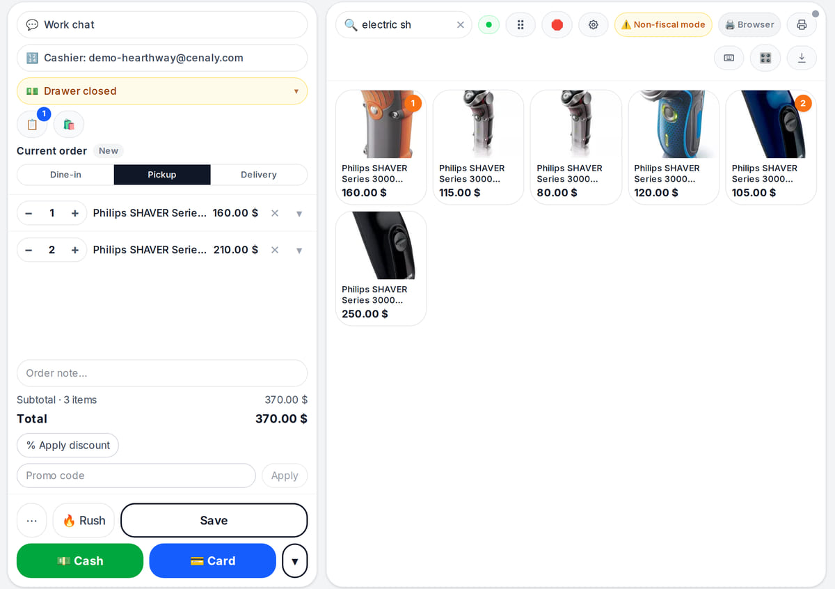 Shop POS: shaver search, products with photos and prices, a three-item order and payment methods on the left