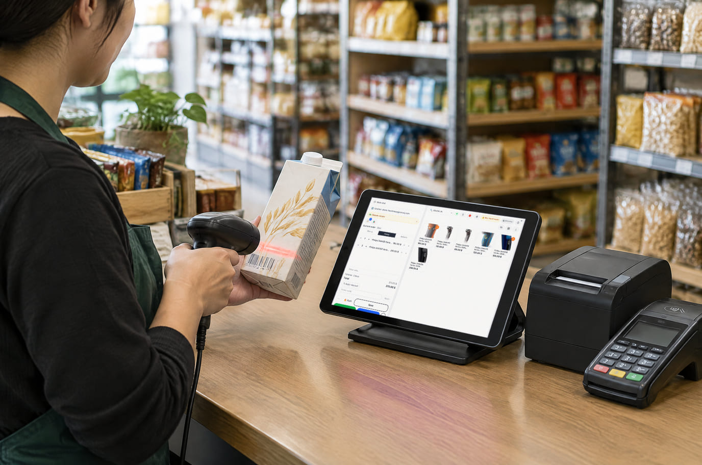 A shop counter: the clerk scans a product while the tablet register shows items from the catalog