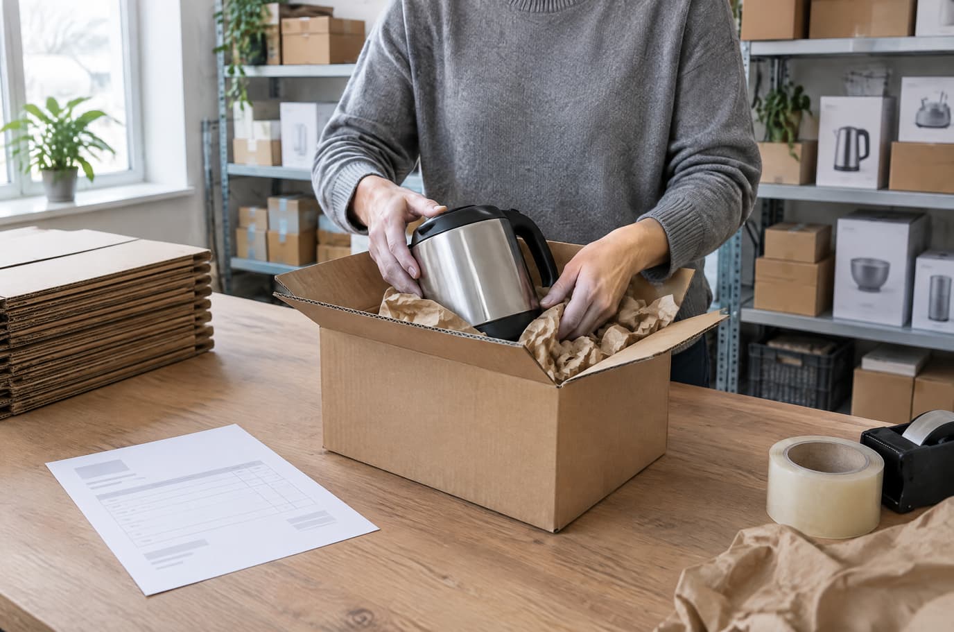 A shop worker packs an online order into a cardboard box at a packing table