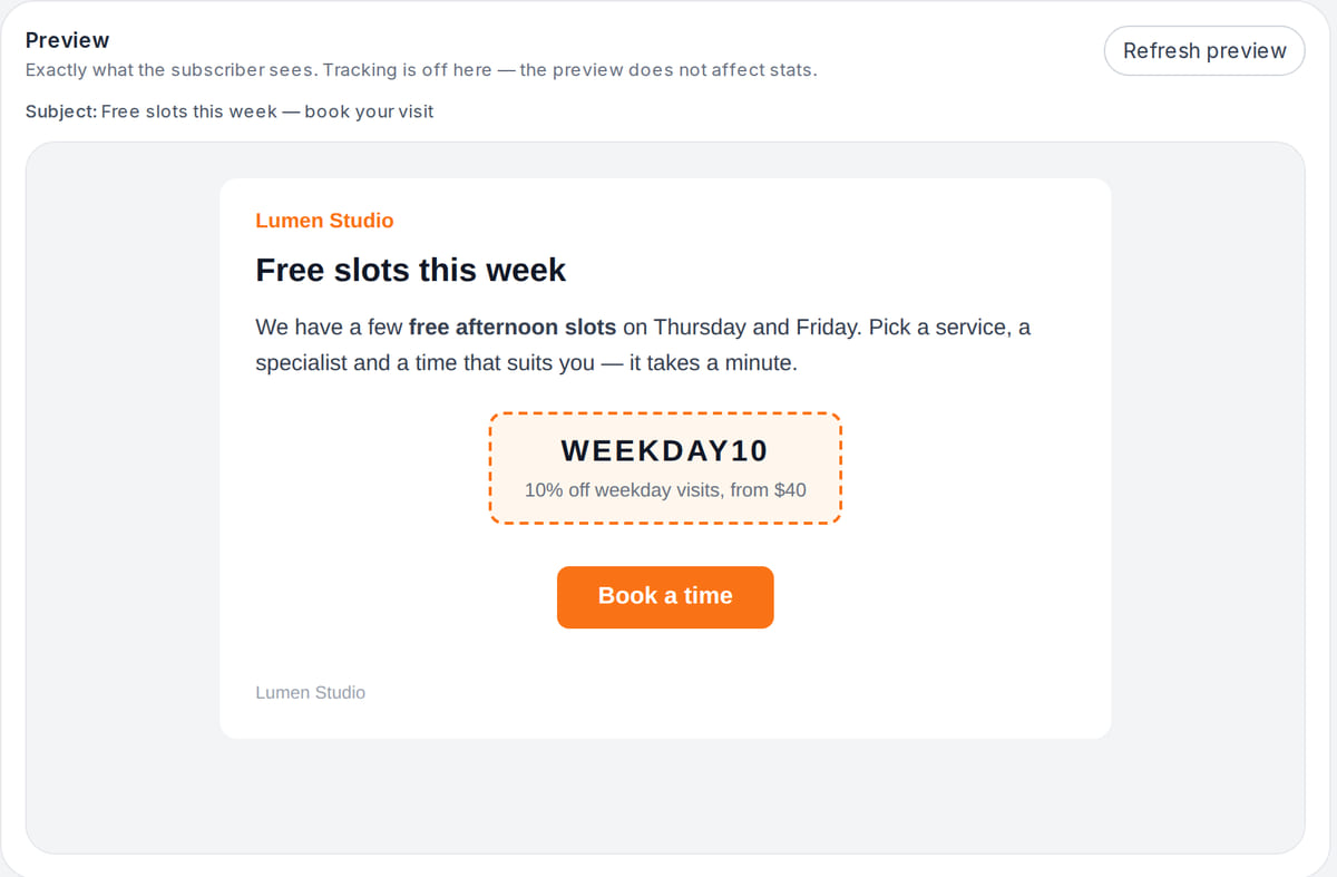 Email campaign preview: a heading about free slots, a promo code and a Book a time button