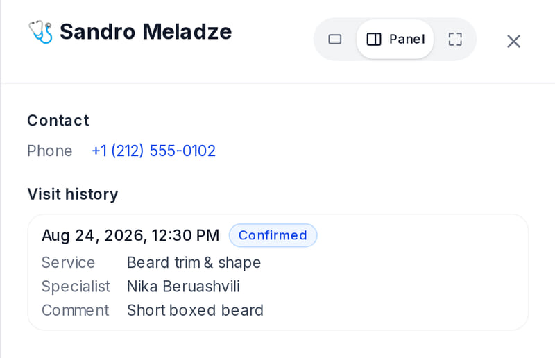 Salon client card: phone number and visit history with service, specialist and comment