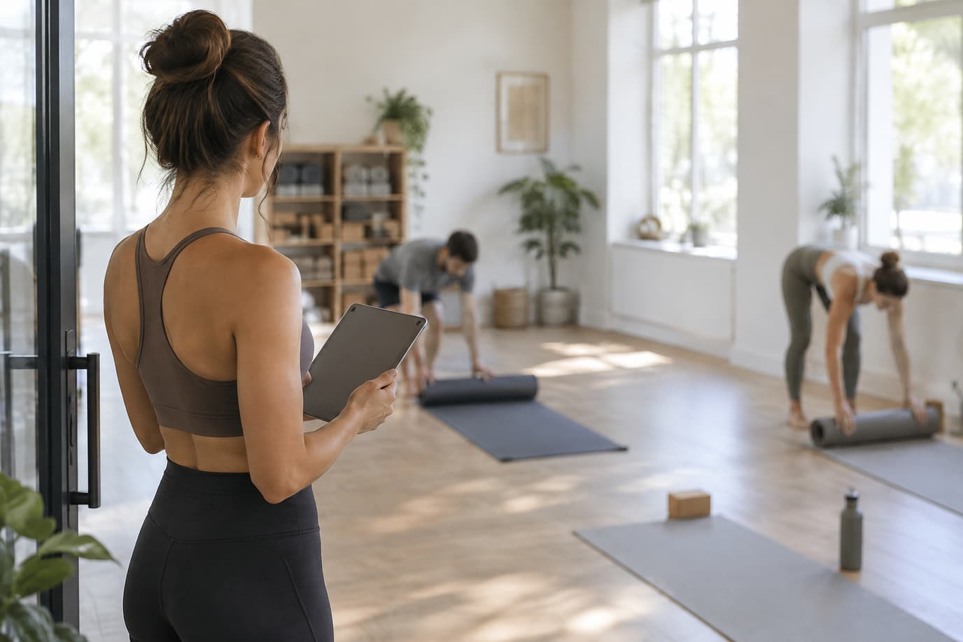 Yoga studio instructor checking the list of booked clients on a tablet before a group class