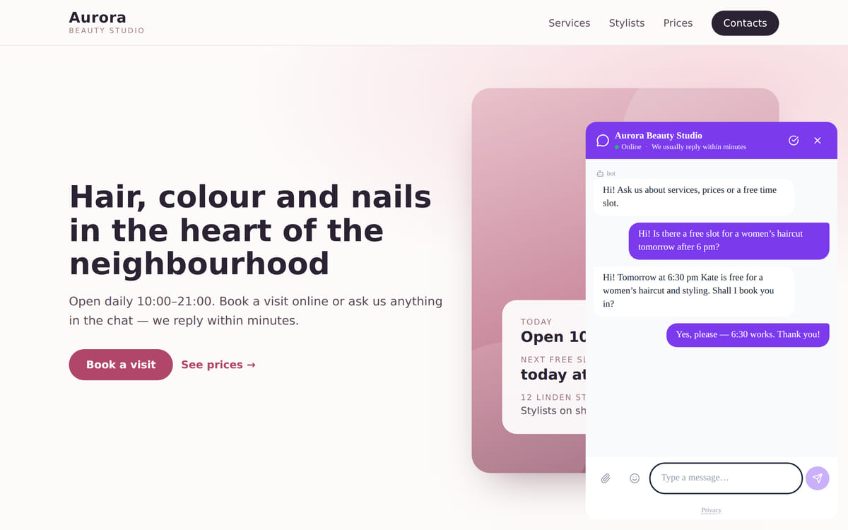 A beauty studio website with the chat window open: a visitor’s question about a free slot and the administrator’s answer
