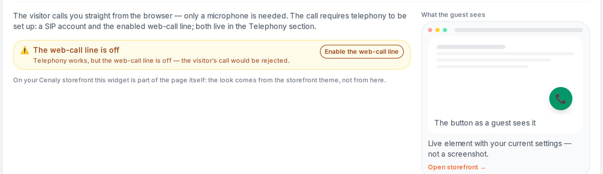Call from site widget settings in the workspace: telephony requirements and a warning that the web call line is switched off