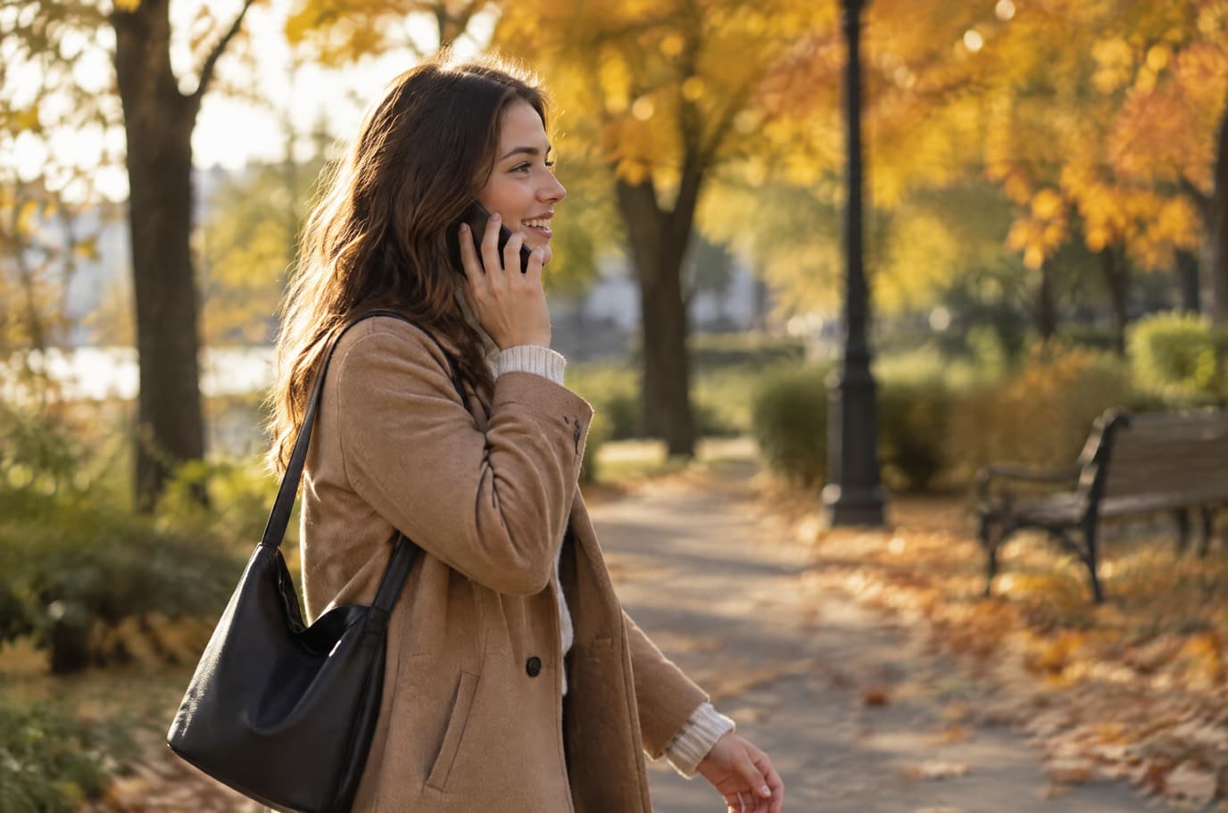 A client on a walk in the park answers a call: the salon is calling back after her request on the website