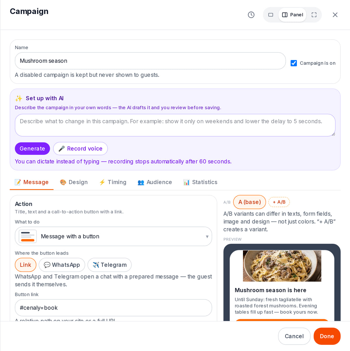 Campaign editor in the dashboard: name, the “Message with a button” action, the button link and a live popup preview