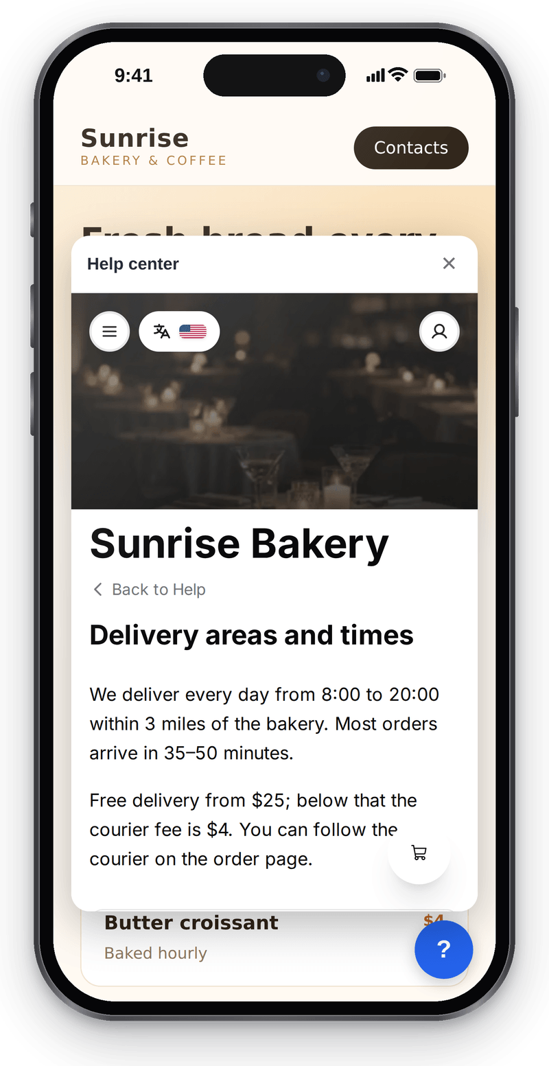 The help panel on a phone: the bakery’s article about delivery areas and times is open