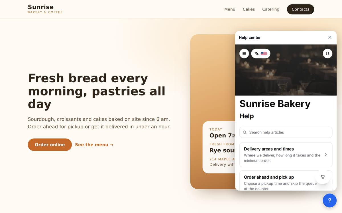 A bakery website with the help panel open: article search and a list of answers about delivery and pickup