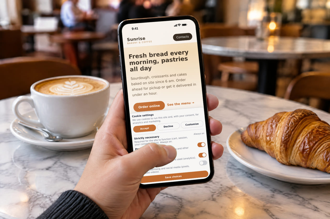 A visitor in a café picks cookie categories on a bakery website on a phone